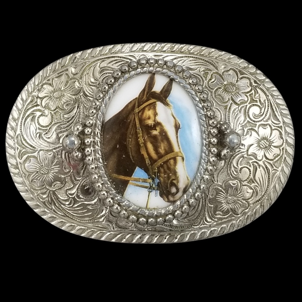 Western Cowboy Horse Head Oval Belt Buckle Silver Tone Ornate Engraved‎